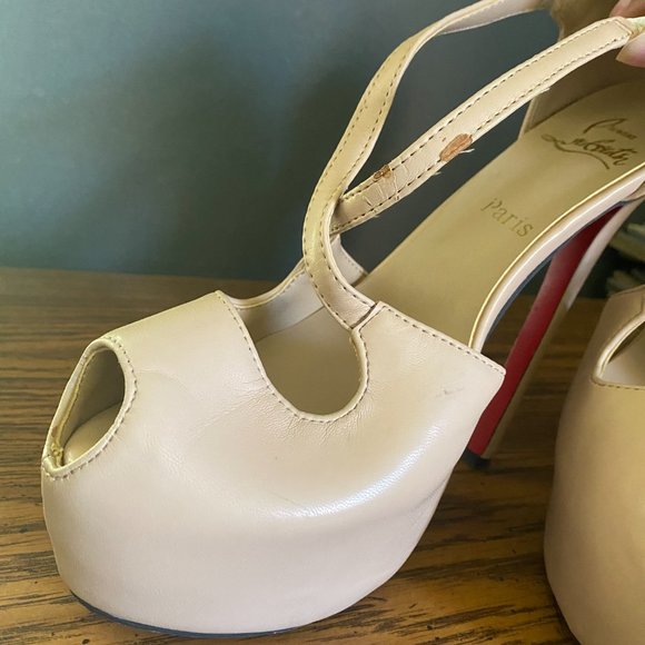 Nude crisscross strap platform peeptoe heels with velcro closure sz 9 - Picture 6 of 10